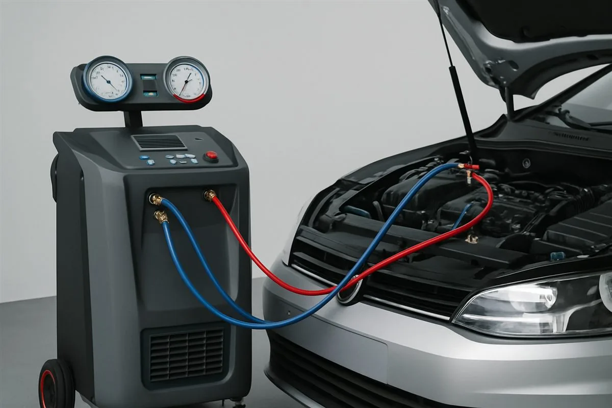 Klimaservice-Gerät mit Manometern am Auto angeschlossen