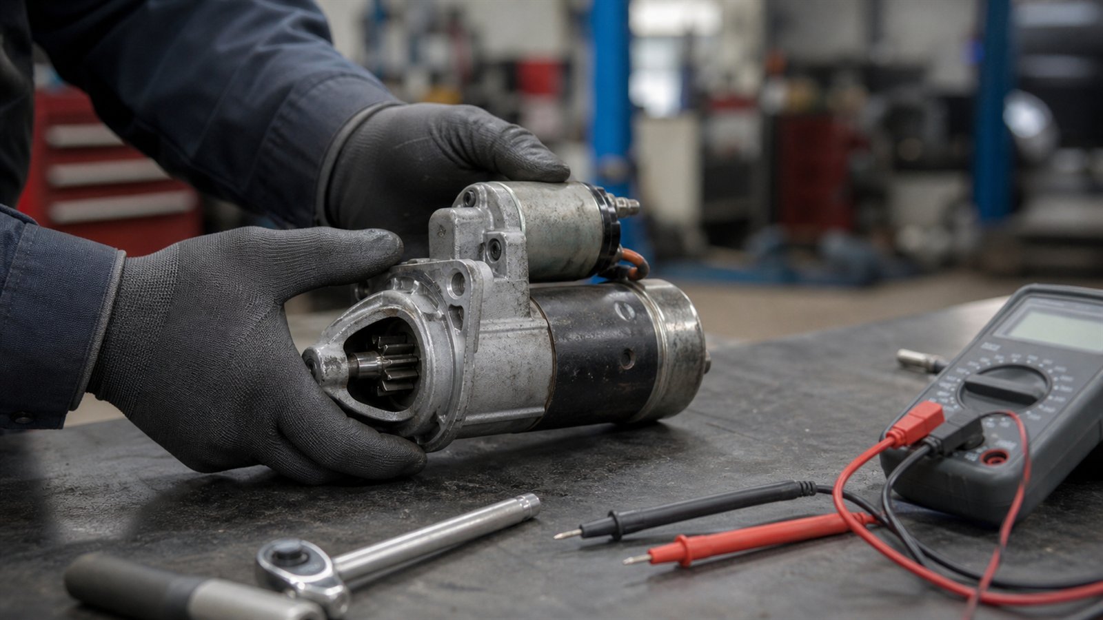 Ausgebauten Anlasser mit Multimeter in der Werkstatt prüfen