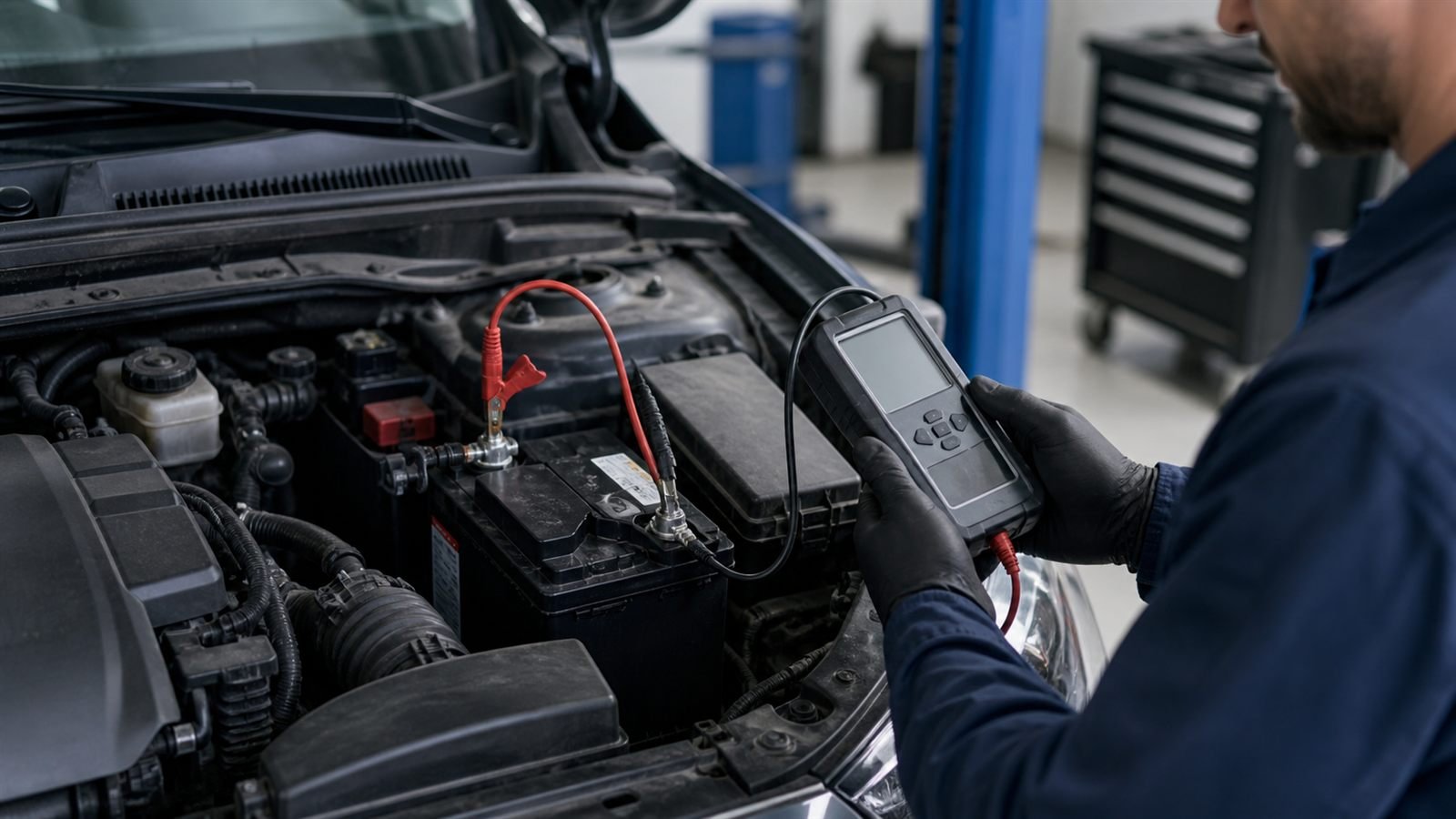 Mechaniker prüft die eingebaute Autobatterie mit einem Batterietester