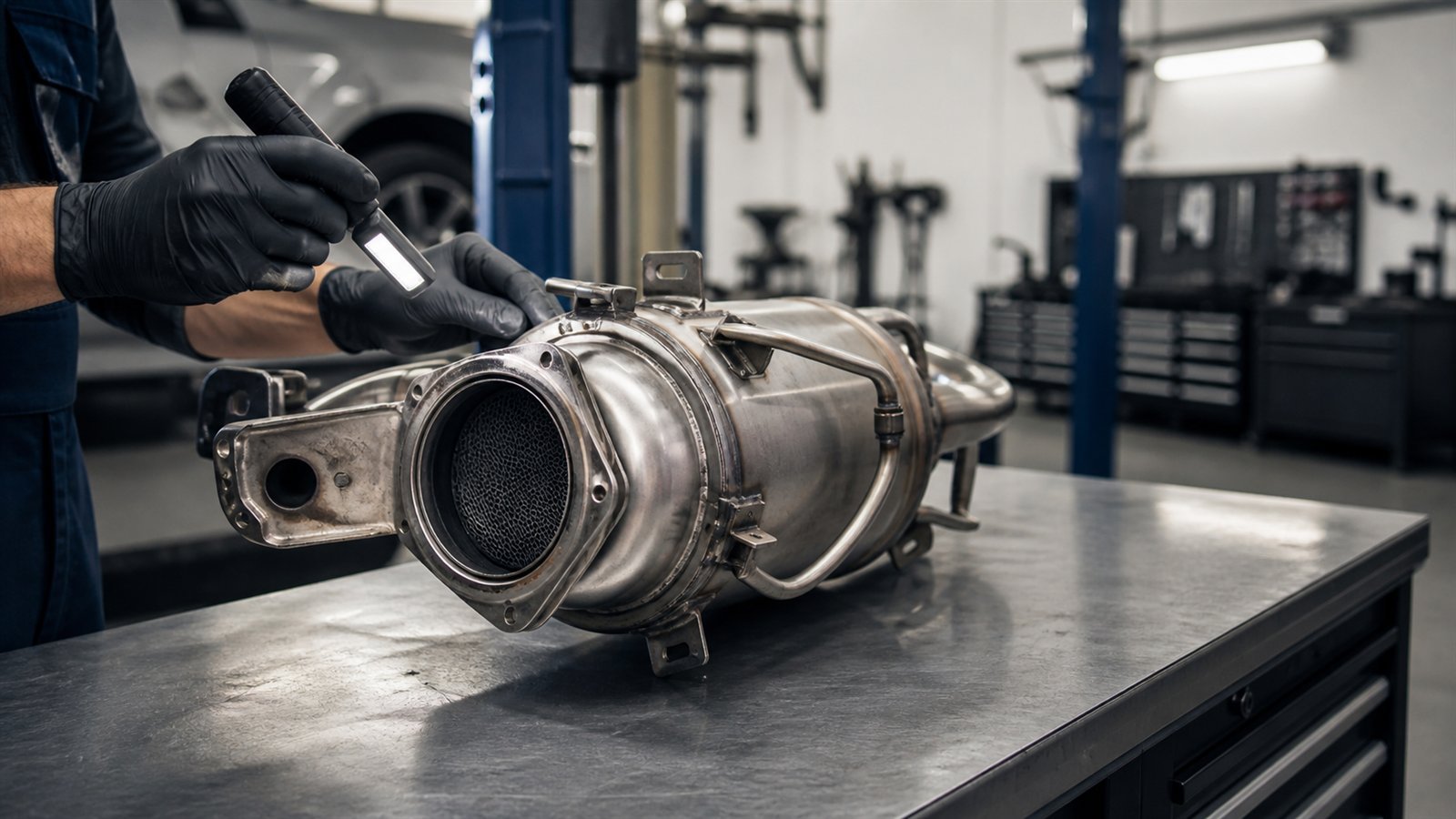 Ausgebauter Diesel-Partikelfilter wird auf einer Werkbank geprüft