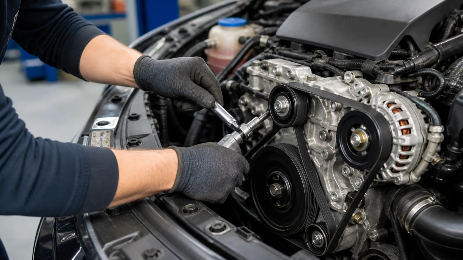 Mechaniker arbeitet am Keilrippenriemen im Motorraum