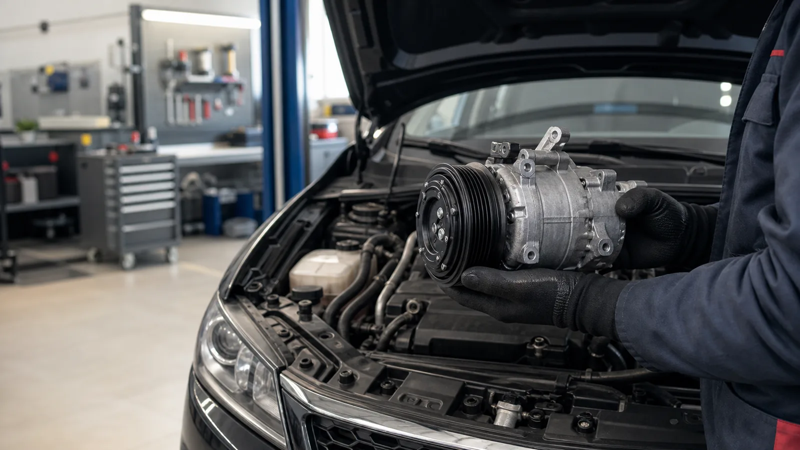Kfz-Klimakompressor wird in einer Werkstatt am geöffneten Motorraum geprüft