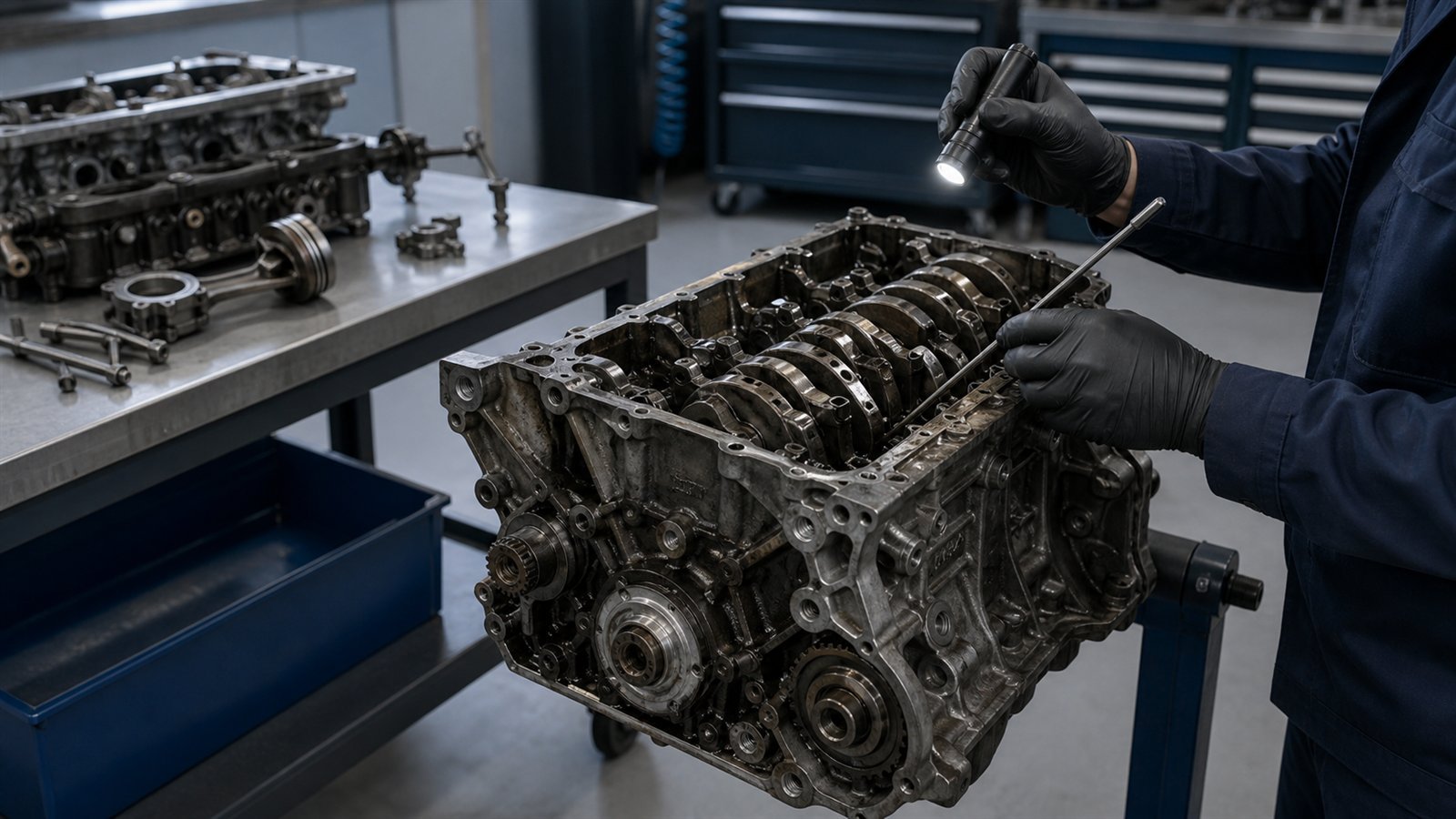 Geöffneter Automotor wird in einer Fachwerkstatt untersucht
