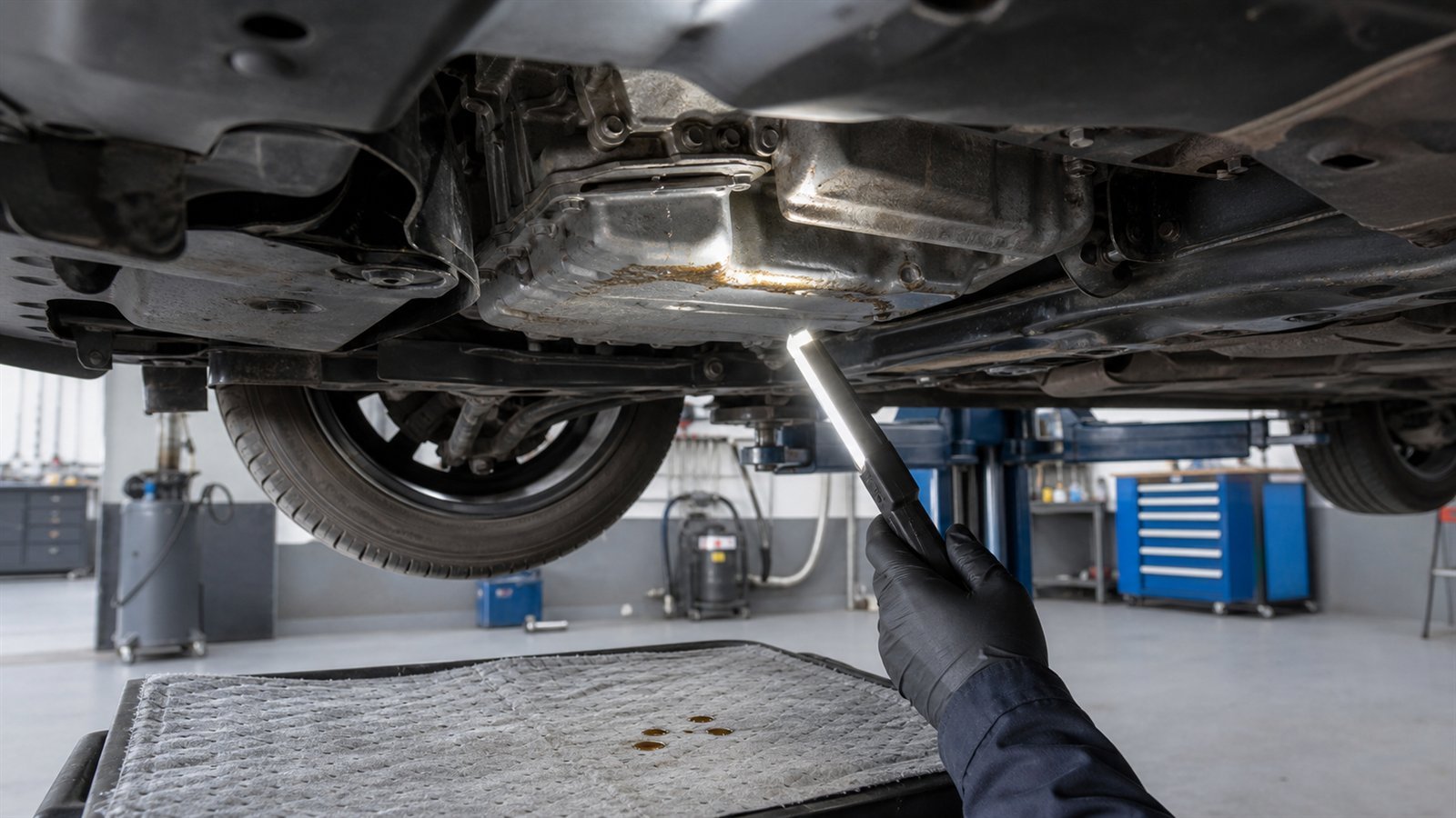 Werkstatt prüft Ölverlust an der Ölwanne eines angehobenen Autos