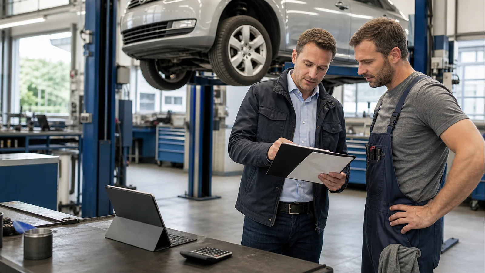 Kunde und Mechaniker vergleichen einen Kostenvoranschlag in der Werkstatt