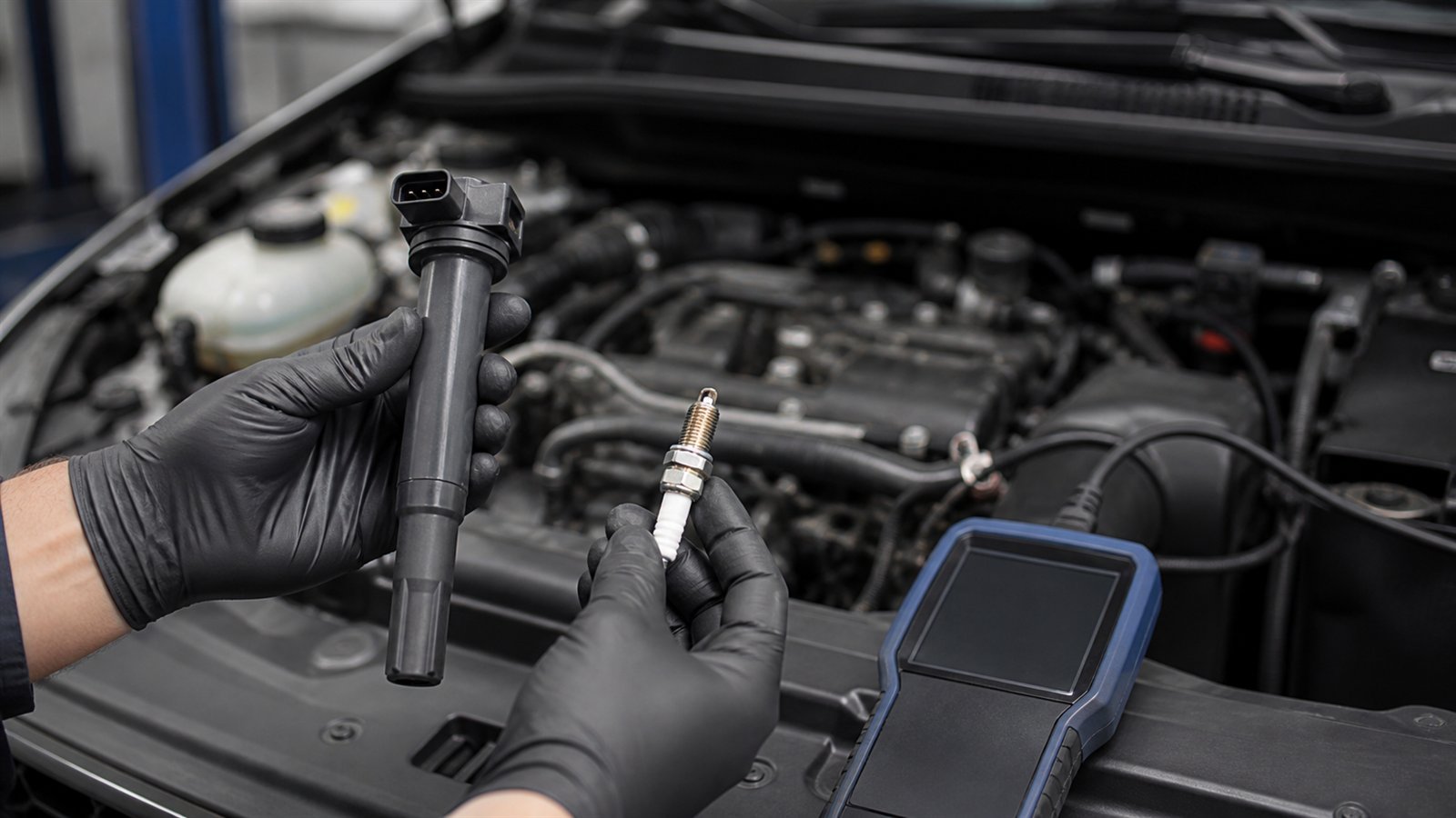 Mechaniker prüft Zündspule und Zündkerze im Motorraum